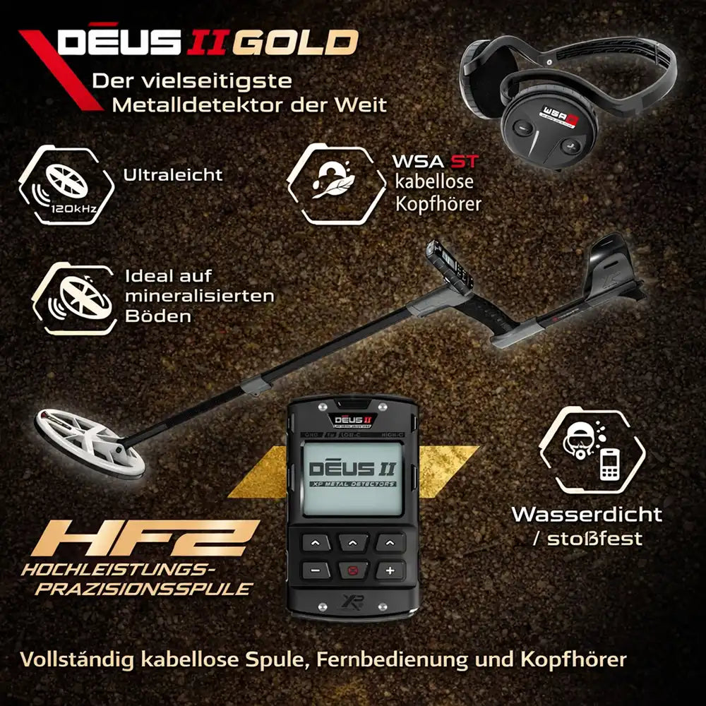 XP Deus 2 Gold HF2 RC WSA ST Metalldetektor mit gratis MI-6 Pinpointer